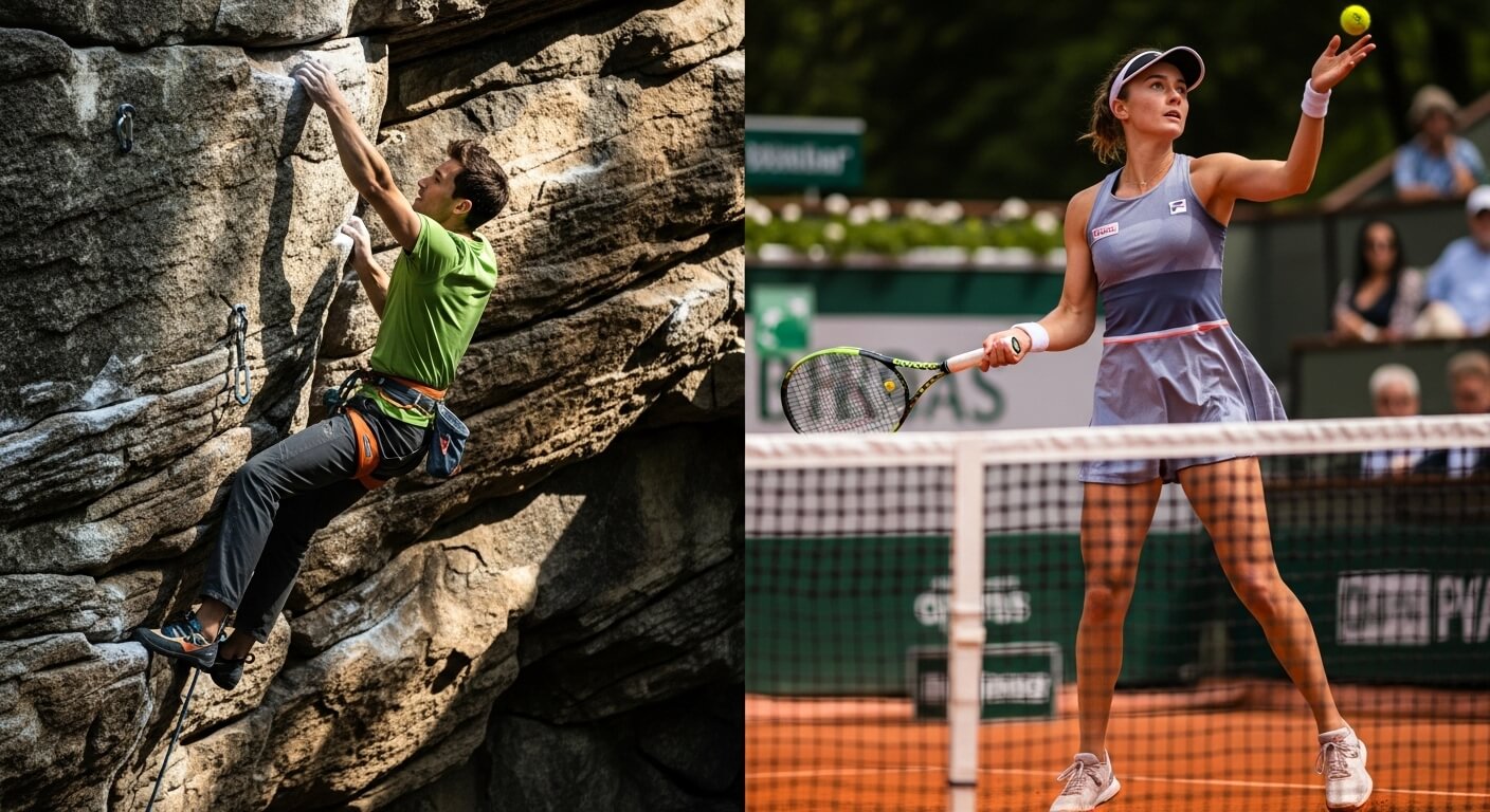 Rock climbing and tennis, created with AI